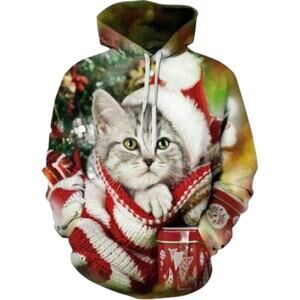 Nain Santa Kitties Ugly Christmas Graphic Sweater Hoodie Size Large/XL